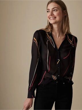 Reiss Black Sheer Abstract-Print V-Neck Blouse